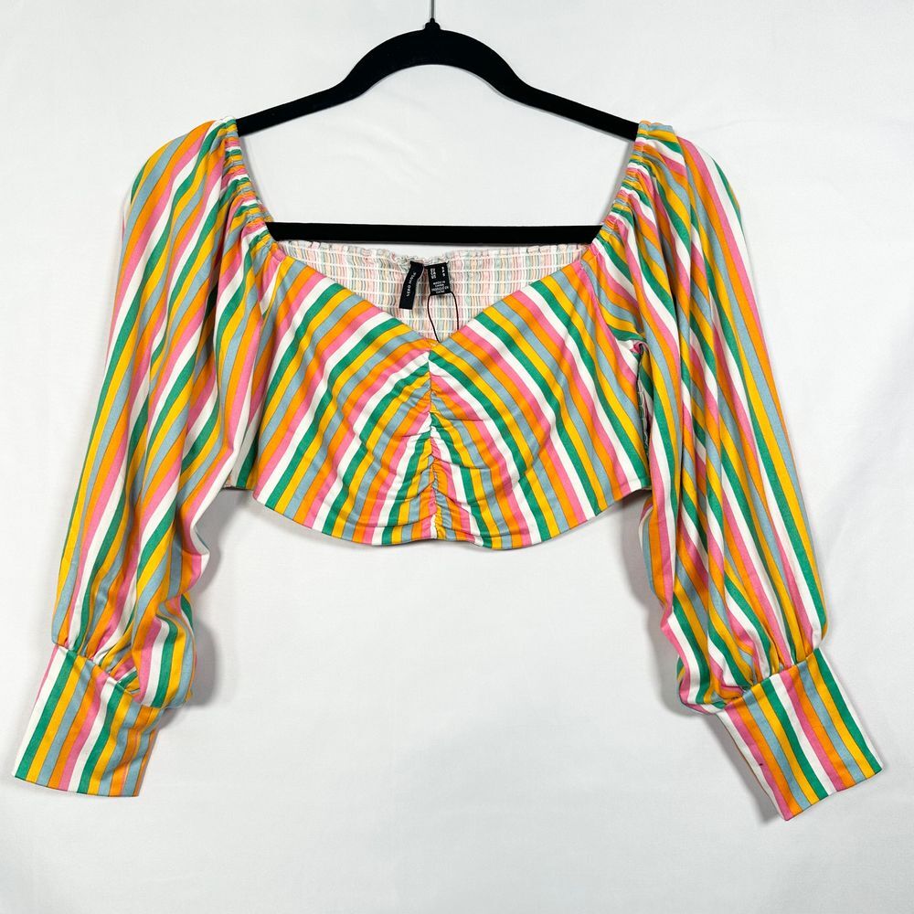 NWT Vero Moda Women's Orange and Green Striped Puff Sleeve Crop Top‎ Small